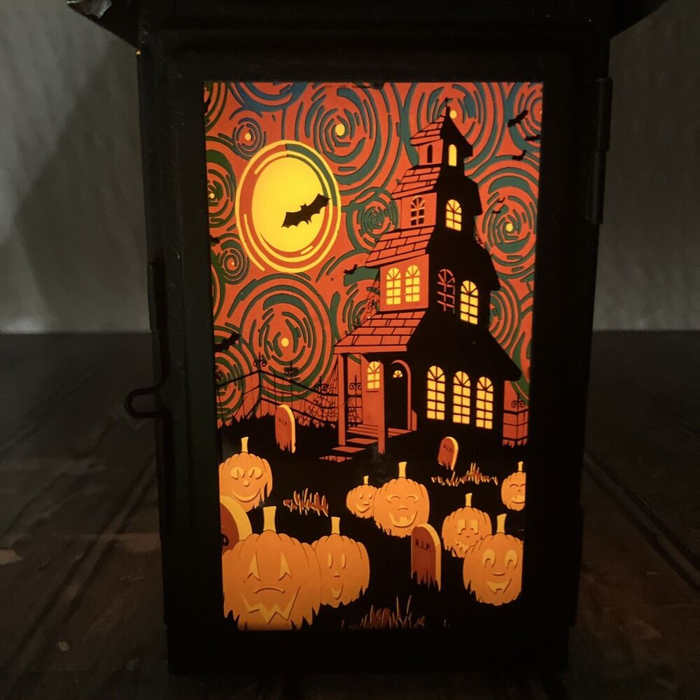 Hanging Halloween Candle Holder Lantern 10”x4” Jack O Lanterns Black Bat